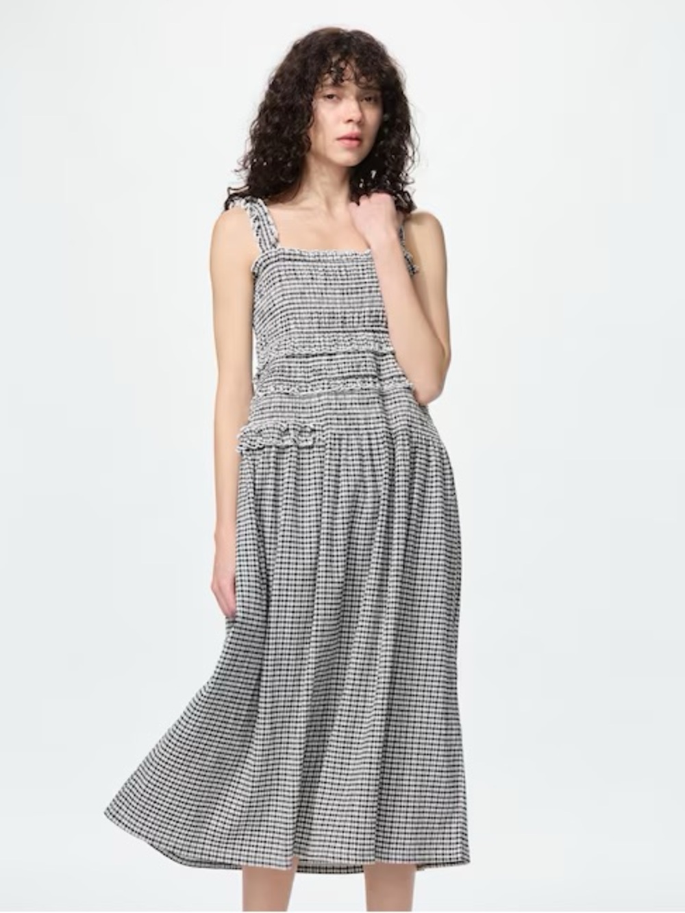 NWT UNIQLO Cecile Bahnsen White/Black Gingham Shirring Midi Dress L